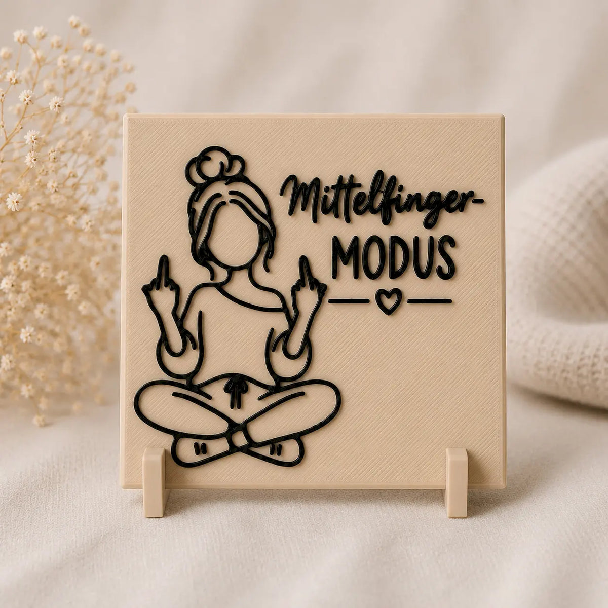 Ein kleines Schild in beige mit «Mittelfinger-Modus» Botschaft
