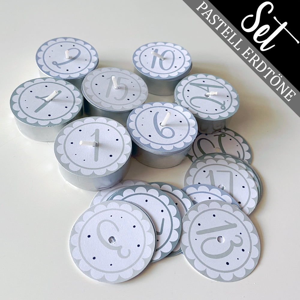 24 Teelicht-Deckel | Adventzahlen PASTELL ERDTÖNE