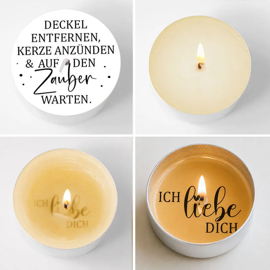 einzelne Teelichtbotschaften zur Herstellung von Zauberkerzen zum Thema Liebe.