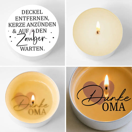 einzelne Teelichtbotschaften zur Herstellung eigner Zauberkerzen zum Thema: Oma