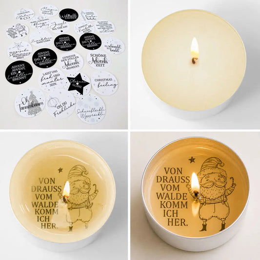 Ein Set mit 24 Teelichtbotschaften zum Basteln eines Zauberkerzen-Adventskalenders mit klassischen Sprüchen