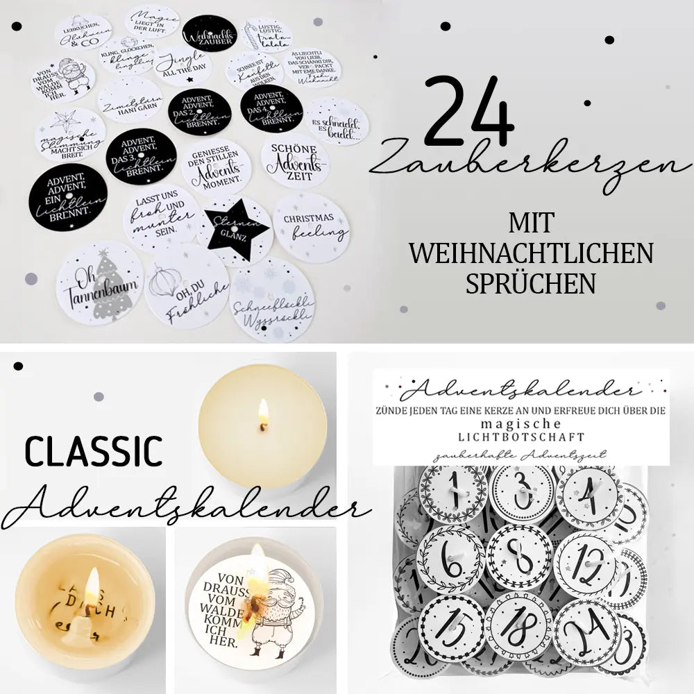 Adventskalender mit 24 Zauberkerzen und klassischen Sprüchen