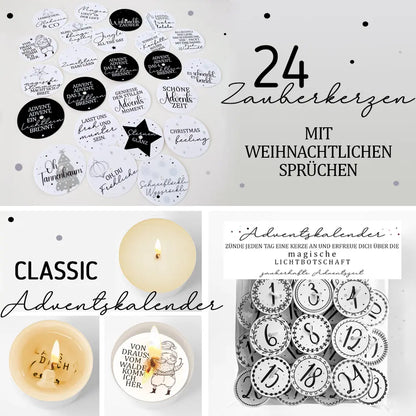Adventskalender mit 24 Zauberkerzen und klassischen Sprüchen