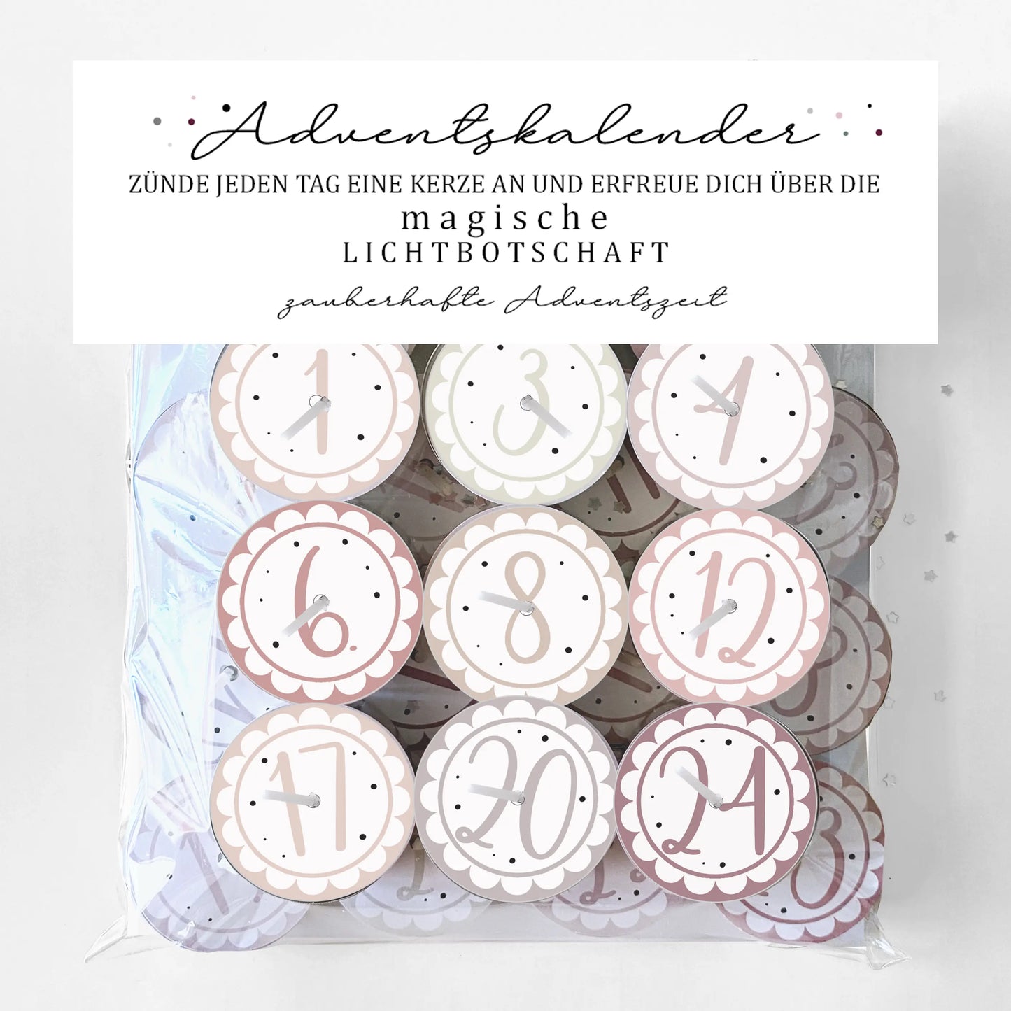 Adventskalender mit 24 Zauberkerzen in Verpackung mit Teelicht-Deckel in der Farbe: Pastell Rose