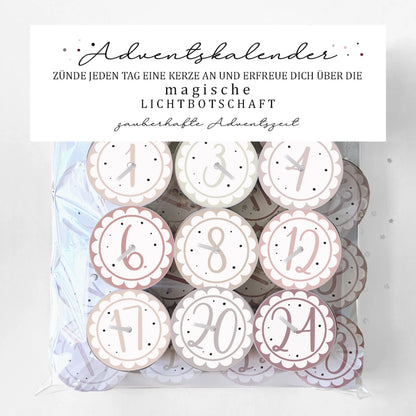 Adventskalender mit 24 Zauberkerzen in Verpackung mit Teelicht-Deckel in der Farbe: Pastell Rose