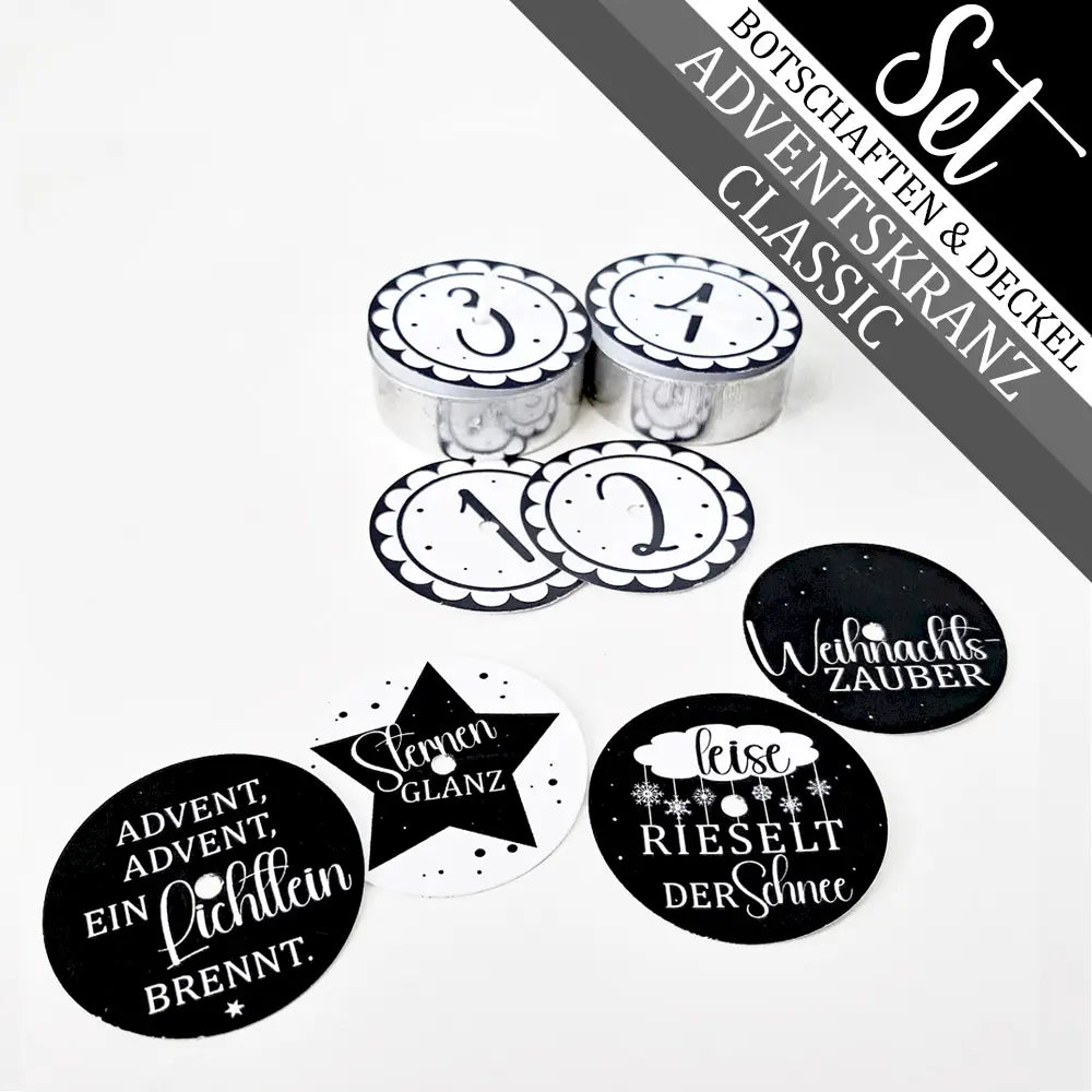 4 klassische Teelicht-Botschaften & 4 Deckel im Set für ein Adventskranz aus Zauberkerzen