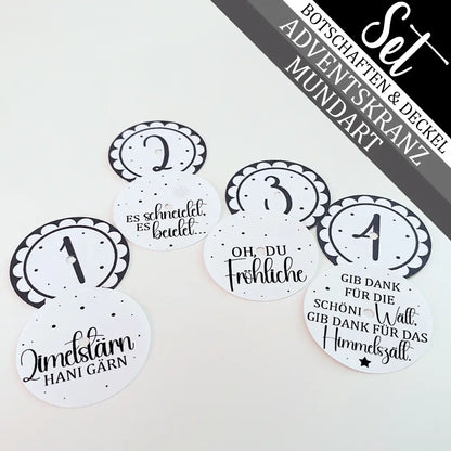 4 mundart Teelicht-Botschaften & 4 Deckel im Set für ein Adventskranz aus Zauberkerzen