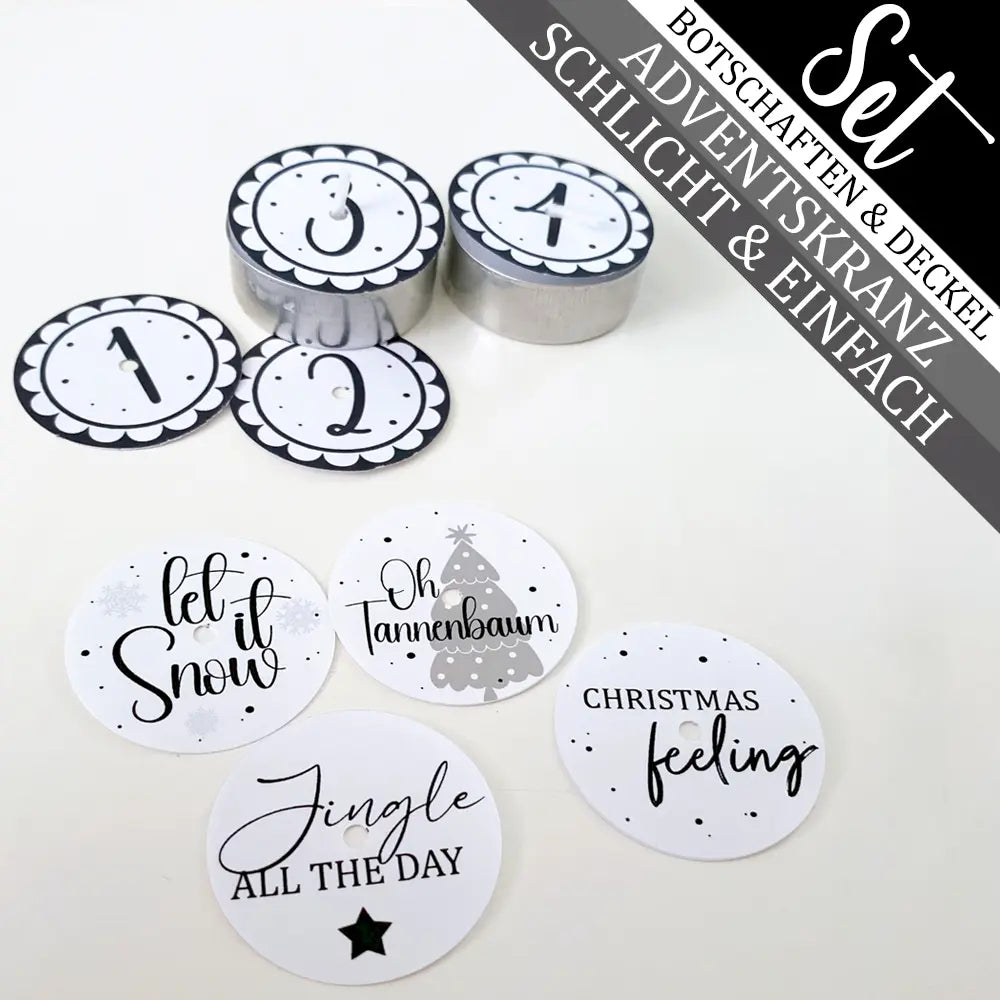 4 schlichte Teelicht-Botschaften & 4 Deckel im Set für ein Adventskranz aus Zauberkerzen