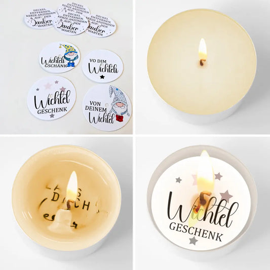 4 Teelicht-Botschaften & 4 Deckel zum Basteln von Wichtelgeschenke