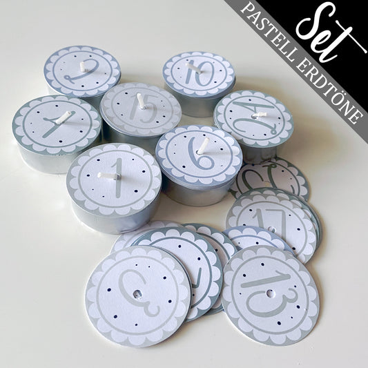 24 Teelicht-Deckel | Adventzahlen PASTELL ERDTÖNE