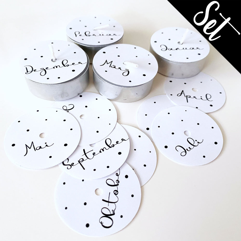 12 Teelicht-Deckel | Monate schwarzweiss