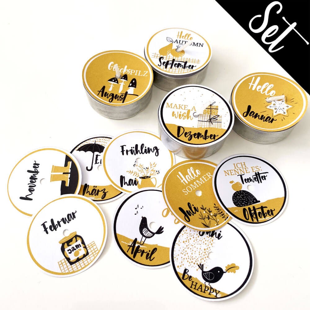 12 Teelicht-Deckel | Monate senf