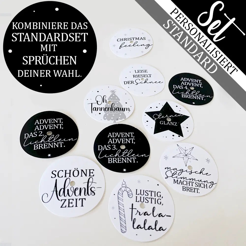 Ein Set mit 12 weihnachtlichen Teelichtbotschaften & ein Teelichtbotschaften-Set deiner Wahl zum Basteln eines Adventskalenders