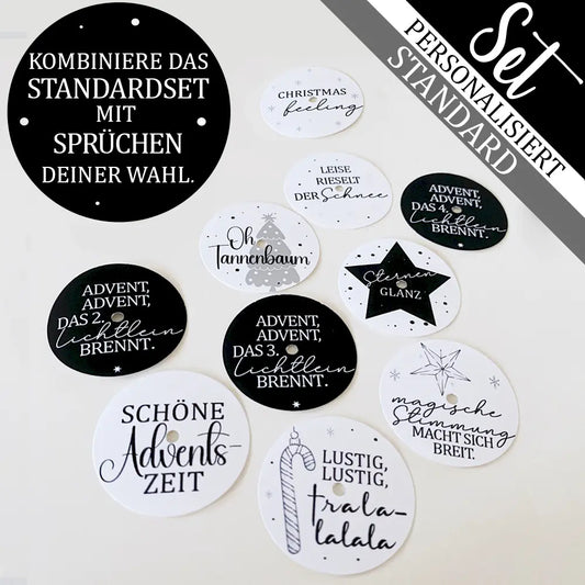 Ein Set mit 12 weihnachtlichen Teelichtbotschaften & ein Teelichtbotschaften-Set deiner Wahl zum Basteln eines Adventskalenders